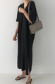 Korean Ins Minimalist Retro Long Loose Lazy Style V-Neck Long Short-Sleeved Dress for Women - Color: Black
