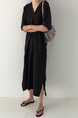 Korean Ins Minimalist Retro Long Loose Lazy Style V-Neck Long Short-Sleeved Dress for Women - Color: Black
