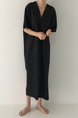 Korean Ins Minimalist Retro Long Loose Lazy Style V-Neck Long Short-Sleeved Dress for Women - Color: Black