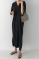 Korean Ins Minimalist Retro Long Loose Lazy Style V-Neck Long Short-Sleeved Dress for Women - Color: Black