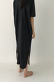 Korean Ins Minimalist Retro Long Loose Lazy Style V-Neck Long Short-Sleeved Dress for Women - Color: Black