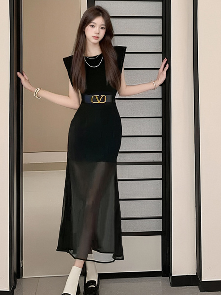 Black Real Shot of Commuting Temperament Niche Design Slim High Waist Slim Medium and Long Sexy Chiffon Fishtail Dress