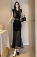 Black Real Shot of Commuting Temperament Niche Design Slim High Waist Slim Medium and Long Sexy Chiffon Fishtail Dress