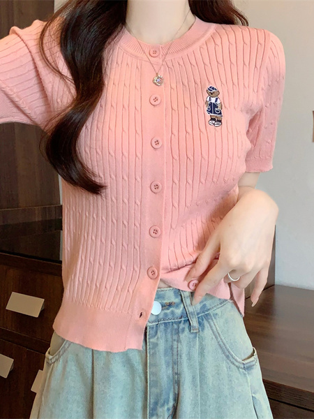 Pink Real Shot Wholesale Price 2025 Summer New Casual Versatile Simple Chest Embroidered Cardigan Wool Knitted Top