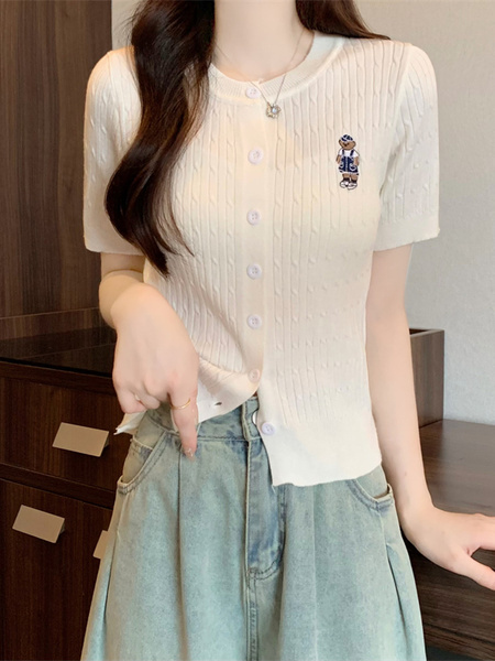 Cream Real Shot Wholesale Price 2025 Summer New Casual Versatile Simple Chest Embroidered Cardigan Wool Knitted Top
