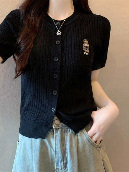 Black Real Shot Wholesale Price 2025 Summer New Casual Versatile Simple Chest Embroidered Cardigan Wool Knitted Top