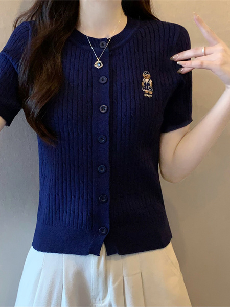 Navy Blue Real Shot Wholesale Price 2025 Summer New Casual Versatile Simple Chest Embroidered Cardigan Wool Knitted Top