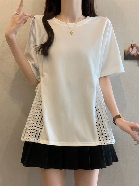 White Real Shot of 2025 Summer New Fat MM Plus Size Female Design Sense Careful Waist Hollow Design Short-Sleeved T-Shirt Trend