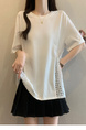 White Real Shot of 2025 Summer New Fat MM Plus Size Female Design Sense Careful Waist Hollow Design Short-Sleeved T-Shirt Trend