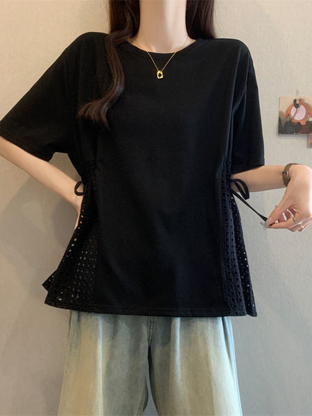 Black Real Shot of 2025 Summer New Fat MM Plus Size Female Design Sense Careful Waist Hollow Design Short-Sleeved T-Shirt Trend