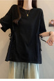 Black Real Shot of 2025 Summer New Fat MM Plus Size Female Design Sense Careful Waist Hollow Design Short-Sleeved T-Shirt Trend