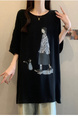2025 Summer New Fat MM Plus Size Female Fashion Korean Version Loose Cartoon Print Age-Reducing Ice Silk T-Shirt Trend - Black