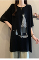 2025 Summer New Fat MM Plus Size Female Fashion Korean Version Loose Cartoon Print Age-Reducing Ice Silk T-Shirt Trend - Black