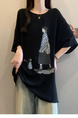 2025 Summer New Fat MM Plus Size Female Fashion Korean Version Loose Cartoon Print Age-Reducing Ice Silk T-Shirt Trend - Black