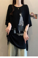 2025 Summer New Fat MM Plus Size Female Fashion Korean Version Loose Cartoon Print Age-Reducing Ice Silk T-Shirt Trend - Black
