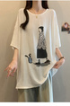2025 Summer New Fat MM Plus Size Female Fashion Korean Version Loose Cartoon Print Age-Reducing Ice Silk T-Shirt Trend - White