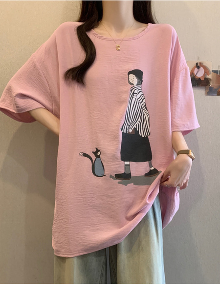 2025 Summer New Fat MM Plus Size Female Fashion Korean Version Loose Cartoon Print Age-Reducing Ice Silk T-Shirt Trend - Pink