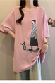 2025 Summer New Fat MM Plus Size Female Fashion Korean Version Loose Cartoon Print Age-Reducing Ice Silk T-Shirt Trend - Pink