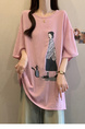 2025 Summer New Fat MM Plus Size Female Fashion Korean Version Loose Cartoon Print Age-Reducing Ice Silk T-Shirt Trend - Pink