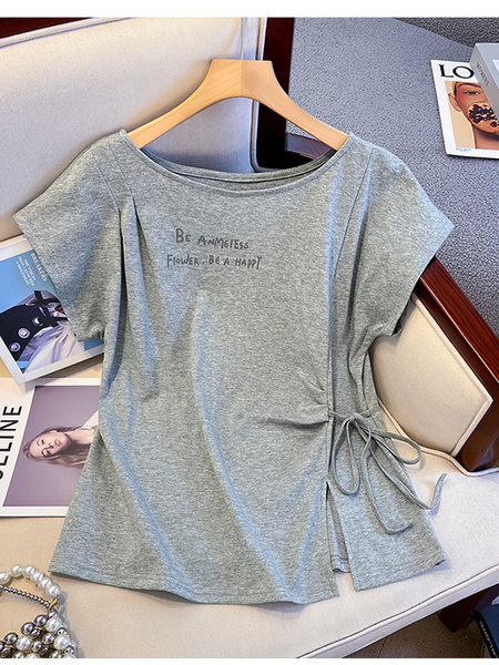 Real Shot 2025 Summer New Design Sense Tight Waist Thin Strap Korean Style Small Shoulder Short Sleeve Split Chic Top - Gray
