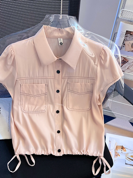 Real Shot 2025 Summer New Women's Clothing Korean Lapel Short Sleeve Shirt Design Sense Drawstring Shirt - Light Pink