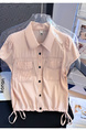 Real Shot 2025 Summer New Women's Clothing Korean Lapel Short Sleeve Shirt Design Sense Drawstring Shirt - Light Pink