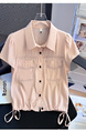 Real Shot 2025 Summer New Women's Clothing Korean Lapel Short Sleeve Shirt Design Sense Drawstring Shirt - Light Pink