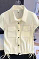 Real Shot 2025 Summer New Women's Clothing Korean Lapel Short Sleeve Shirt Design Sense Drawstring Shirt - Cream