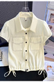 Real Shot 2025 Summer New Women's Clothing Korean Lapel Short Sleeve Shirt Design Sense Drawstring Shirt - Cream