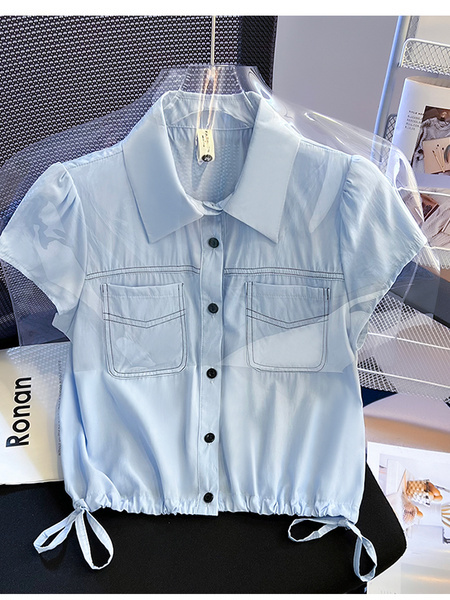 Real Shot 2025 Summer New Women's Clothing Korean Lapel Short Sleeve Shirt Design Sense Drawstring Shirt - Light Blue