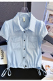 Real Shot 2025 Summer New Women's Clothing Korean Lapel Short Sleeve Shirt Design Sense Drawstring Shirt - Light Blue