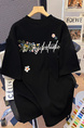 Real Shot 32 Double Yarn Cotton Short-Sleeved T-shirt Men's Summer 2025 New Mid-Length Shoulder Embroidered Crew Neck Top Women's Clothing - Black
