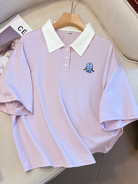 Real Shot 2025 Summer New Polo Collar Short Sleeve College Style Casual All-Match T-shirt Simple and Thin Top - Light Purple