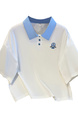 Real Shot 2025 Summer New Polo Collar Short Sleeve College Style Casual All-Match T-shirt Simple and Thin Top - White with Light Blue Collar