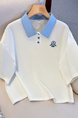 Real Shot 2025 Summer New Polo Collar Short Sleeve College Style Casual All-Match T-shirt Simple and Thin Top - White with Light Blue Collar