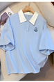 Real Shot 2025 Summer New Polo Collar Short Sleeve College Style Casual All-Match T-shirt Simple and Thin Top - Light Blue