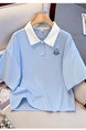 Real Shot 2025 Summer New Polo Collar Short Sleeve College Style Casual All-Match T-shirt Simple and Thin Top - Light Blue