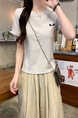 Real Shot Cotton Thread Short-Sleeved T-shirt Women's Summer 2025 New Fastener Decoration Short Slim Round Neck Korean Style Top - Light Gray