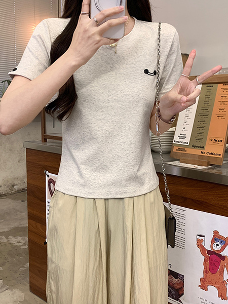 Real Shot Cotton Thread Short-Sleeved T-shirt Women's Summer 2025 New Fastener Decoration Short Slim Round Neck Korean Style Top - Light Gray
