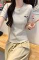 Real Shot Cotton Thread Short-Sleeved T-shirt Women's Summer 2025 New Fastener Decoration Short Slim Round Neck Korean Style Top - Light Gray