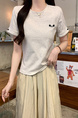 Real Shot Cotton Thread Short-Sleeved T-shirt Women's Summer 2025 New Fastener Decoration Short Slim Round Neck Korean Style Top - Light Gray