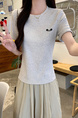 Real Shot Cotton Thread Short-Sleeved T-shirt Women's Summer 2025 New Fastener Decoration Short Slim Round Neck Korean Style Top - Light Gray