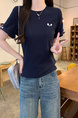 Real Shot Cotton Thread Short-Sleeved T-shirt Women's Summer 2025 New Fastener Decoration Short Slim Round Neck Korean Style Top - Navy Blue