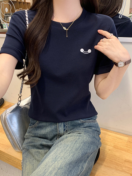 Real Shot Cotton Thread Short-Sleeved T-shirt Women's Summer 2025 New Fastener Decoration Short Slim Round Neck Korean Style Top - Navy Blue