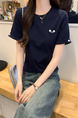 Real Shot Cotton Thread Short-Sleeved T-shirt Women's Summer 2025 New Fastener Decoration Short Slim Round Neck Korean Style Top - Navy Blue