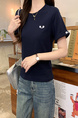 Real Shot Cotton Thread Short-Sleeved T-shirt Women's Summer 2025 New Fastener Decoration Short Slim Round Neck Korean Style Top - Navy Blue
