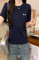 Real Shot Cotton Thread Short-Sleeved T-shirt Women's Summer 2025 New Fastener Decoration Short Slim Round Neck Korean Style Top - Navy Blue