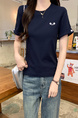 Real Shot Cotton Thread Short-Sleeved T-shirt Women's Summer 2025 New Fastener Decoration Short Slim Round Neck Korean Style Top - Navy Blue