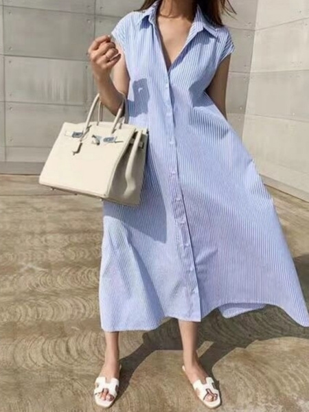 Korean Dongdaemun New Striped Sleeveless Waistcoat Dress Shirt Long Skirt with Pockets on Both Sides with Belt - Light Blue