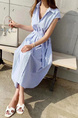 Korean Dongdaemun New Striped Sleeveless Waistcoat Dress Shirt Long Skirt with Pockets on Both Sides with Belt - Light Blue
